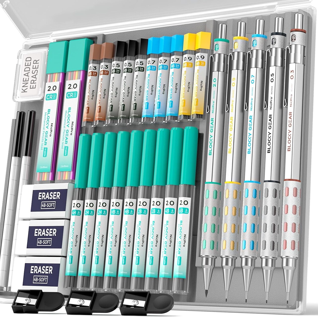 36-Piece Blocky Gear Mechanical Pencil Set – 0.3/0.5/0.7/0.9/2mm Metal Pencils with 302 Graphite & Colored Lead Refills, Erasers & Sharpeners – Perfect for Art, Drawing, Sketching, and Drafting (Black)